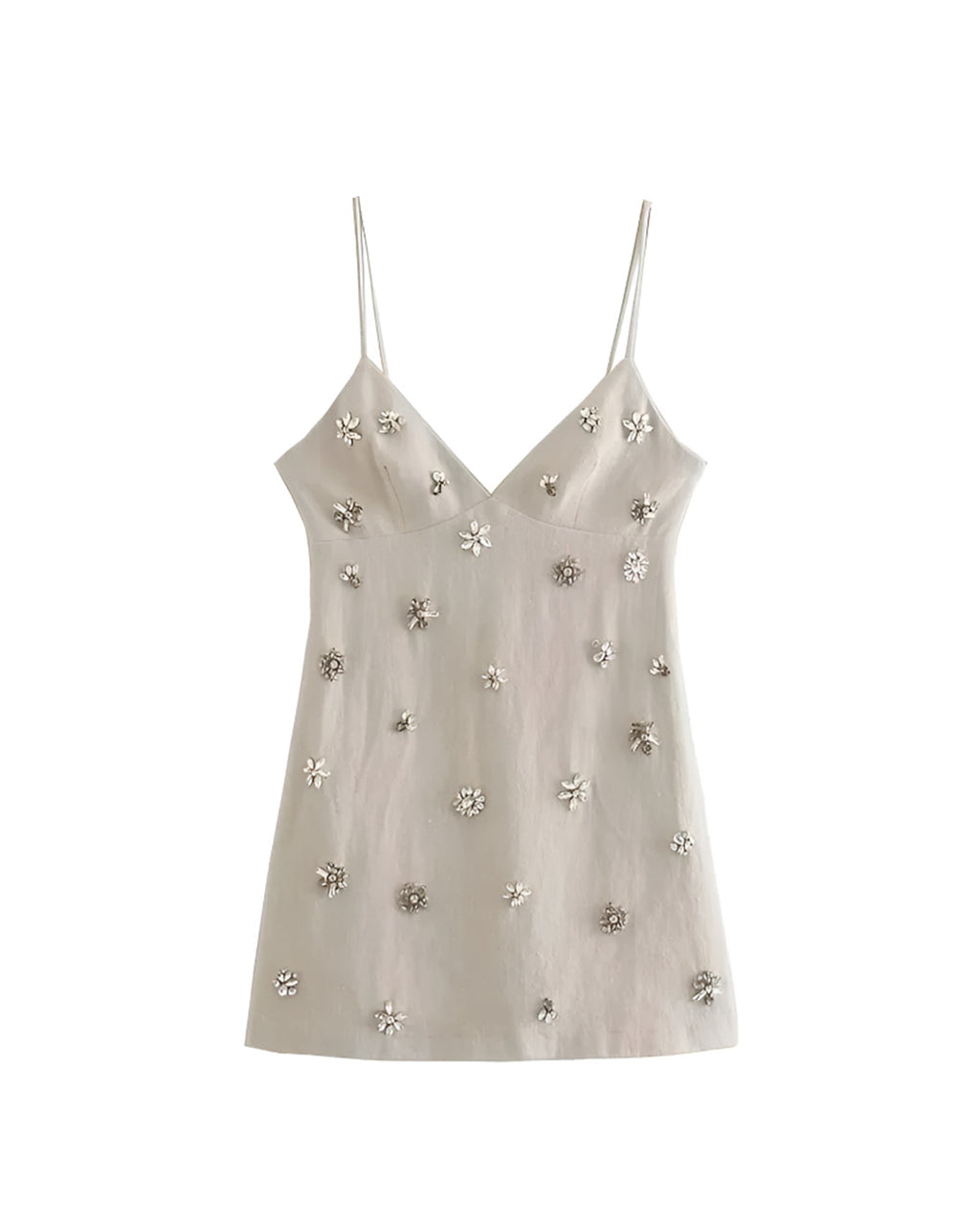 Vestido Curto em Linho com Flores de Strass