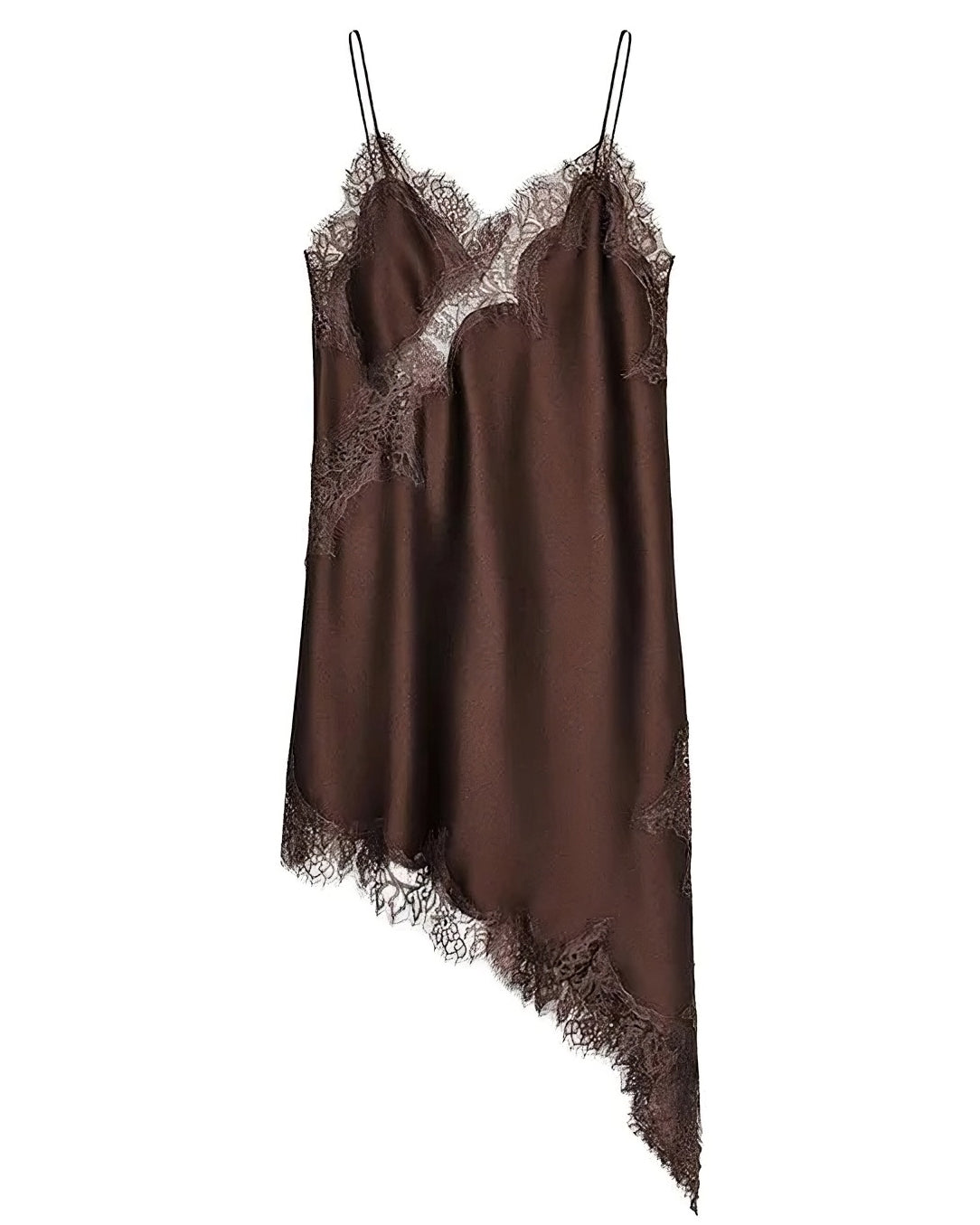 Vestido Slip de Cetim Assimétrico com Renda